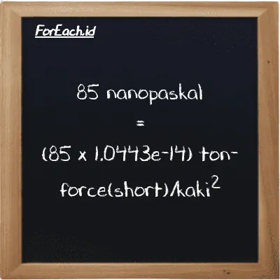 Cara konversi nanopaskal ke ton-force(short)/kaki<sup>2</sup> (nPa ke tf/ft<sup>2</sup>): 85 nanopaskal (nPa) setara dengan 85 dikalikan dengan 1.0443e-14 ton-force(short)/kaki<sup>2</sup> (tf/ft<sup>2</sup>)
